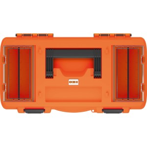Oranger OBI Werkzeugkoffer mit schwarzem Griff und transparenten Fächern im Deckel.