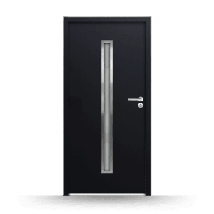 Anthrazitfarbene FM Tür NBT56 Modell 501, 900x1900 mm, mit Glaseinsatz und Griff. Nebeneingangstür.