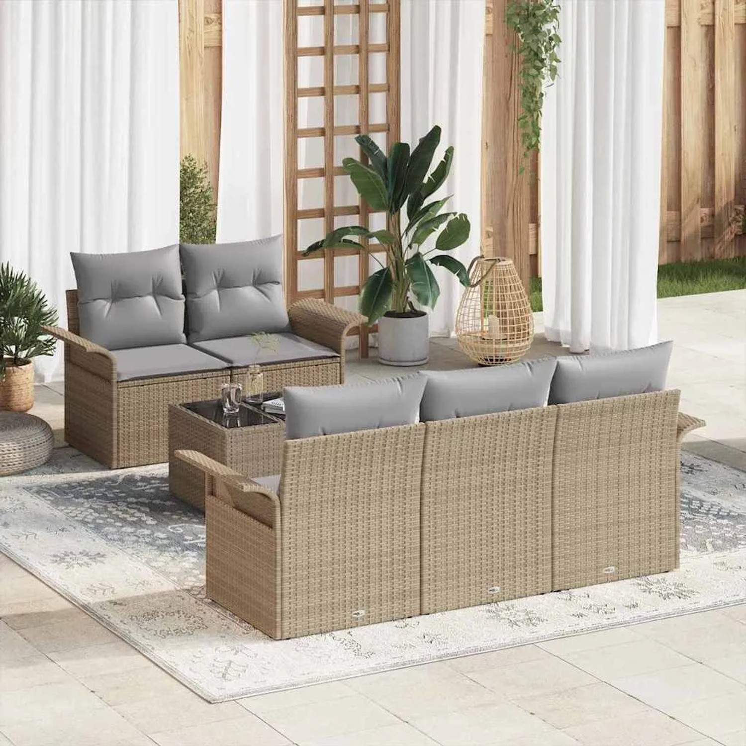 Beiges 6-teiliges vidaXL Garten Sofa Set aus Poly Rattan mit Kissen.