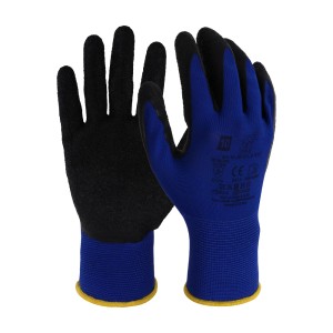 Blaue LUX Latex-Arbeitshandschuhe Gr. 10 mit schwarzer Handfläche für Montage und Garten.