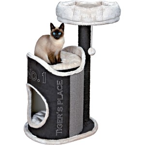 Trixie Kratzbaum Susana, 90 cm, schwarz/lichtgrau/grau mit Katze. Kratzbaum mit Höhle, Liegeflächen und Sisalstamm.