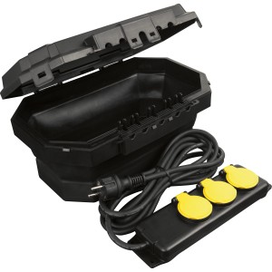 D-Line Wetterschutzbox faltbar mit 3 Steckdosen und 4m Kabel, ideal für den Außenbereich.
