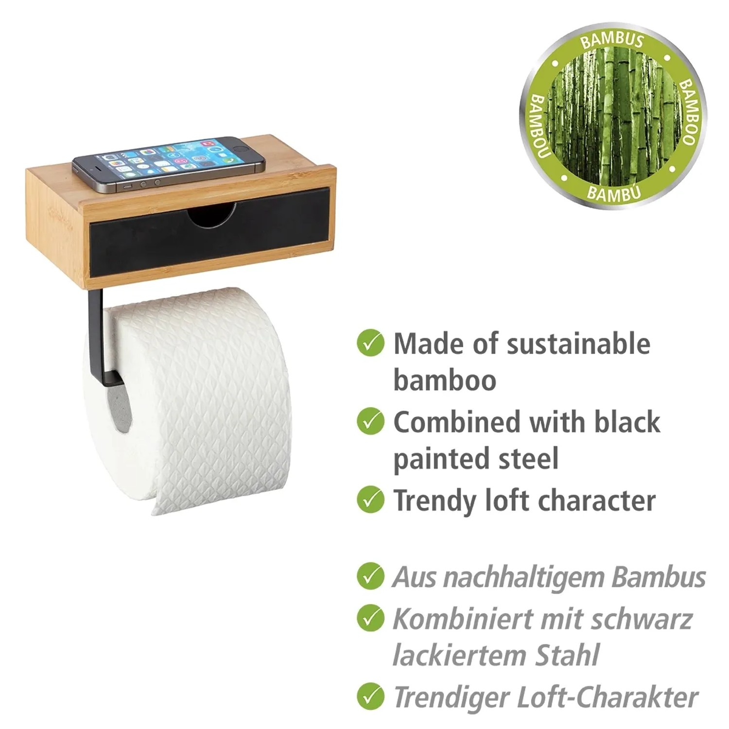 WENKO Toilettenpapierhalter mit Ablage Bambusa Bambus 18,5 x 14 x 10,5 cm  kaufen bei OBI