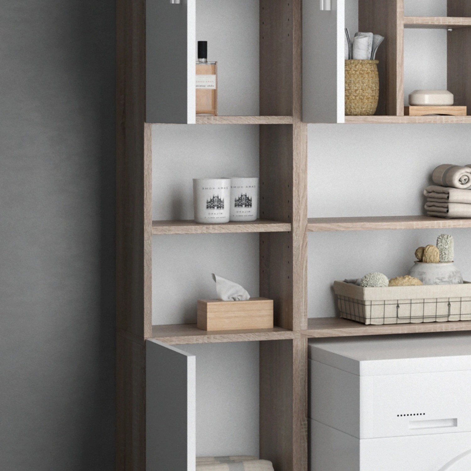 Vicco Badschrank Luis, Sonoma/Weiß, 32x190 cm, mit offenen Fächern und Türen für Badartikel.