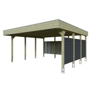 Skan Holz Carport Friesland Hybrid, 557x555cm, grün, mit Seiten- und Rückwand aus anthrazitfarbenen Aluminium-Trapezprofilen.