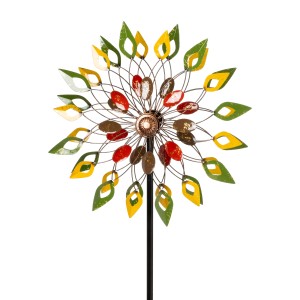 Gartenstab Windrad, 198 cm, mit bunten Blättern in Orange, Rot, Gelb und Grün als Gartendekoration.