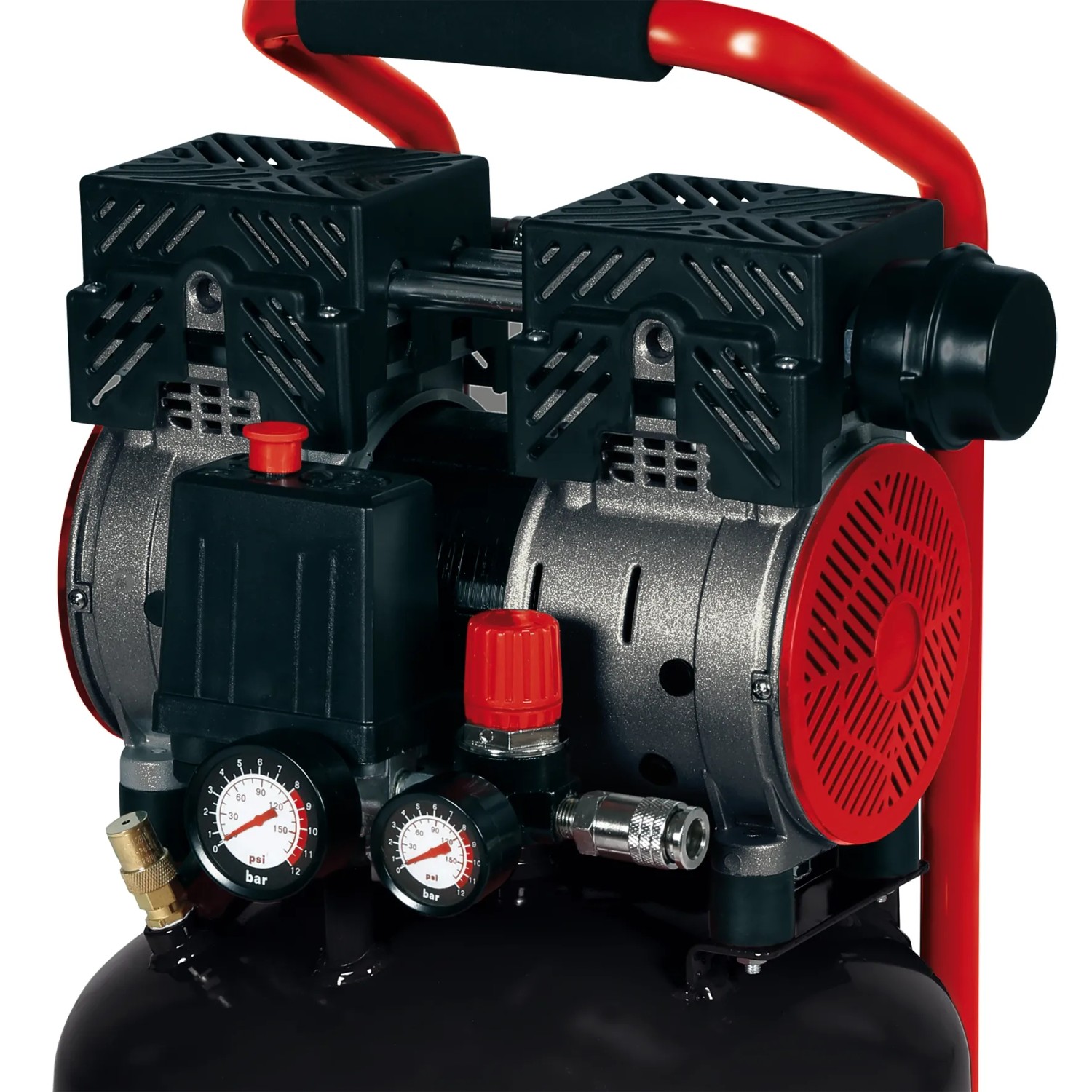 Einhell Kompressor TE-AC 135/24 Silent Plus, ölfrei, mit Manometer und rotem Rahmen.