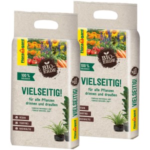 Zwei Säcke Floragard Bio-Universalerde Vielseitig 6L mit Pflanzen-Motiv.