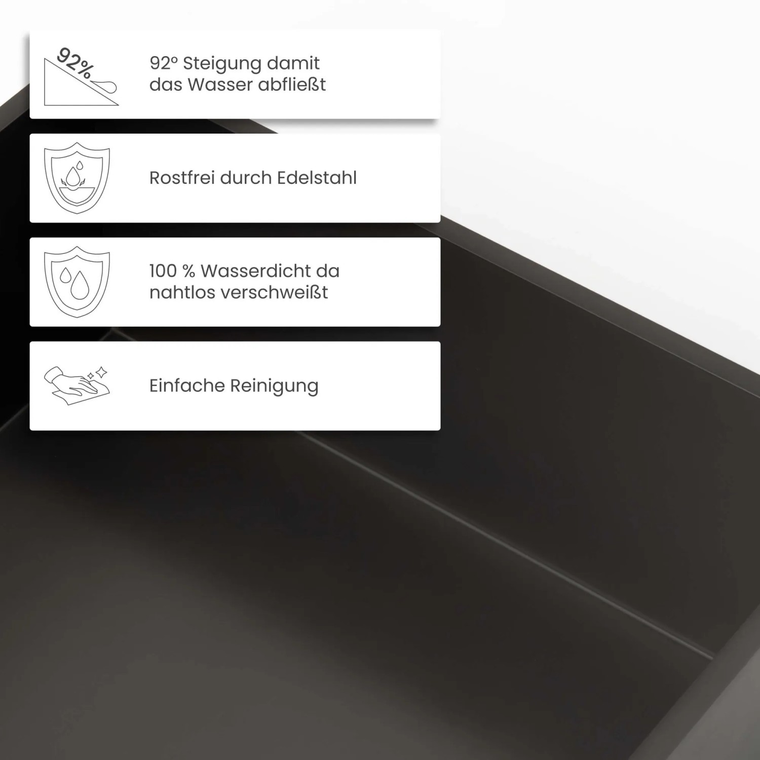 Detailaufnahme: Schwarze Dalsys Wandnische aus Edelstahl, Merkmale hervorgehoben.