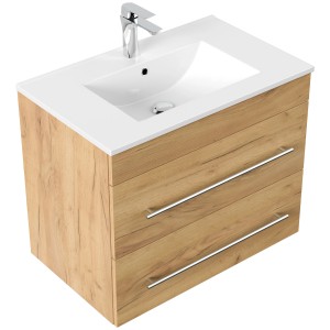 Posseik Badmöbel Set Artemis 750 in Eiche Gold mit Waschbecken und zwei Schubladen.