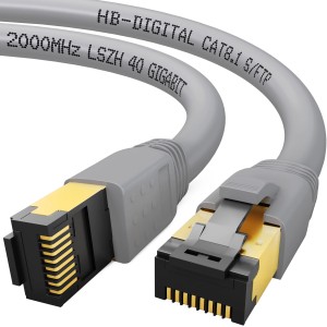 Graues hb-digital CAT 8.1 Patchkabel, 0.5m, mit RJ45 Stecker für Netzwerktechnik.