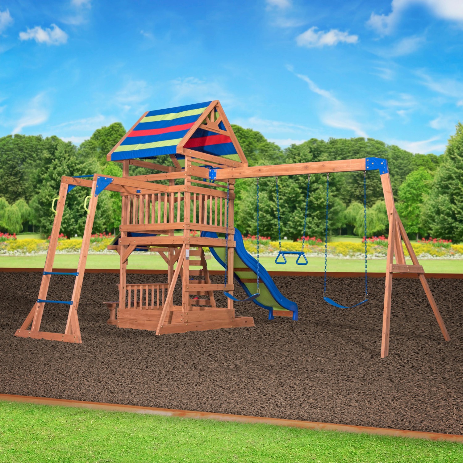 Spielturm Northbrook aus Zedernholz mit Rutsche, Schaukel und Kletterwand für Kinder.