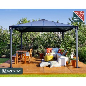 Canopia Gartenpavillon Palermo 3.6x3.6 Anthrazit mit Sitzgruppe auf Holzterrasse.