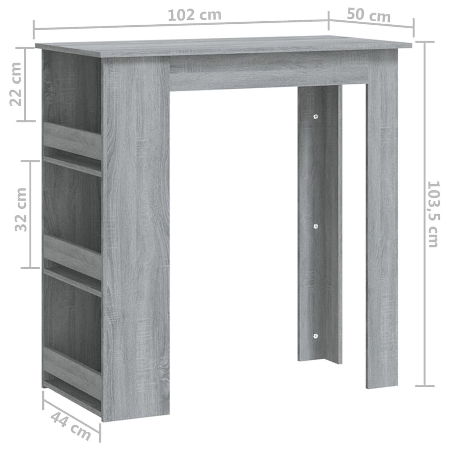 vidaXL Bartisch mit Regal, Grau Sonoma, 102x50x103,5cm, aus Holzwerkstoff.