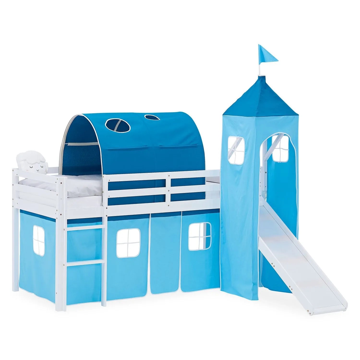 Homestyle4u Kinder Hochbett 90x200 Rutsche Vorhang Blau Kinderbett 2989