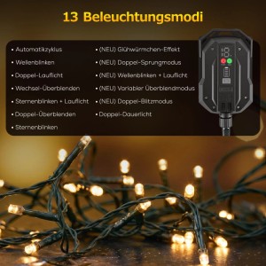 Salcar Solar Lichterkette: 240 warmweiße LEDs auf grünem Kabel, schwarzes Solarpanel mit Display. 13 Lichtmodi.