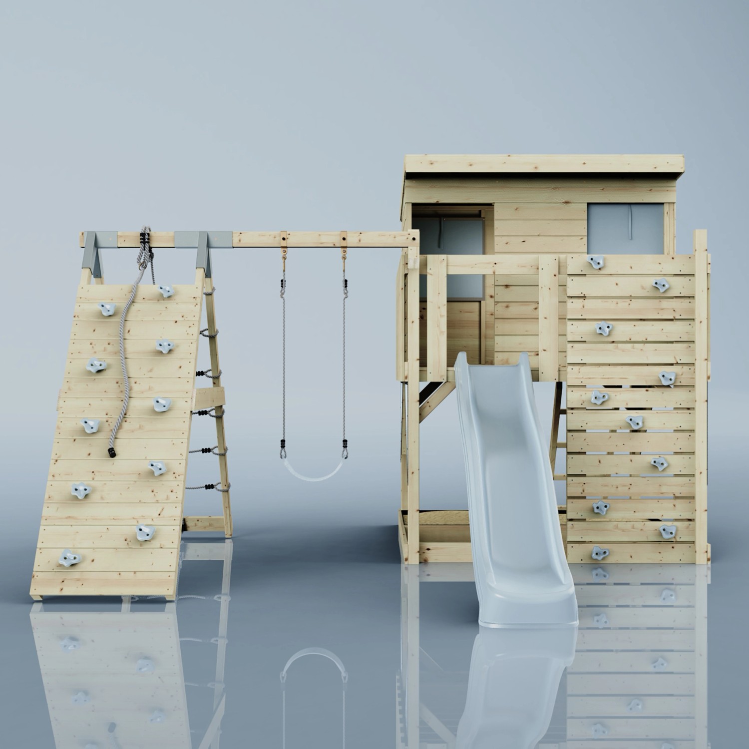 PolarPlay Spielturm Emil mit Schaukel, Kletterwand und Rutsche aus Holz.