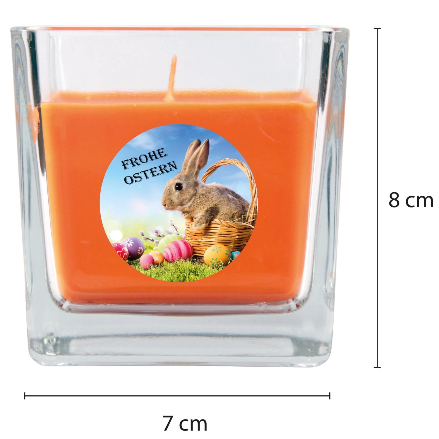 Orange Duftkerze im Glas mit Osterhase und Korb Motiv, Brenndauer 50h.