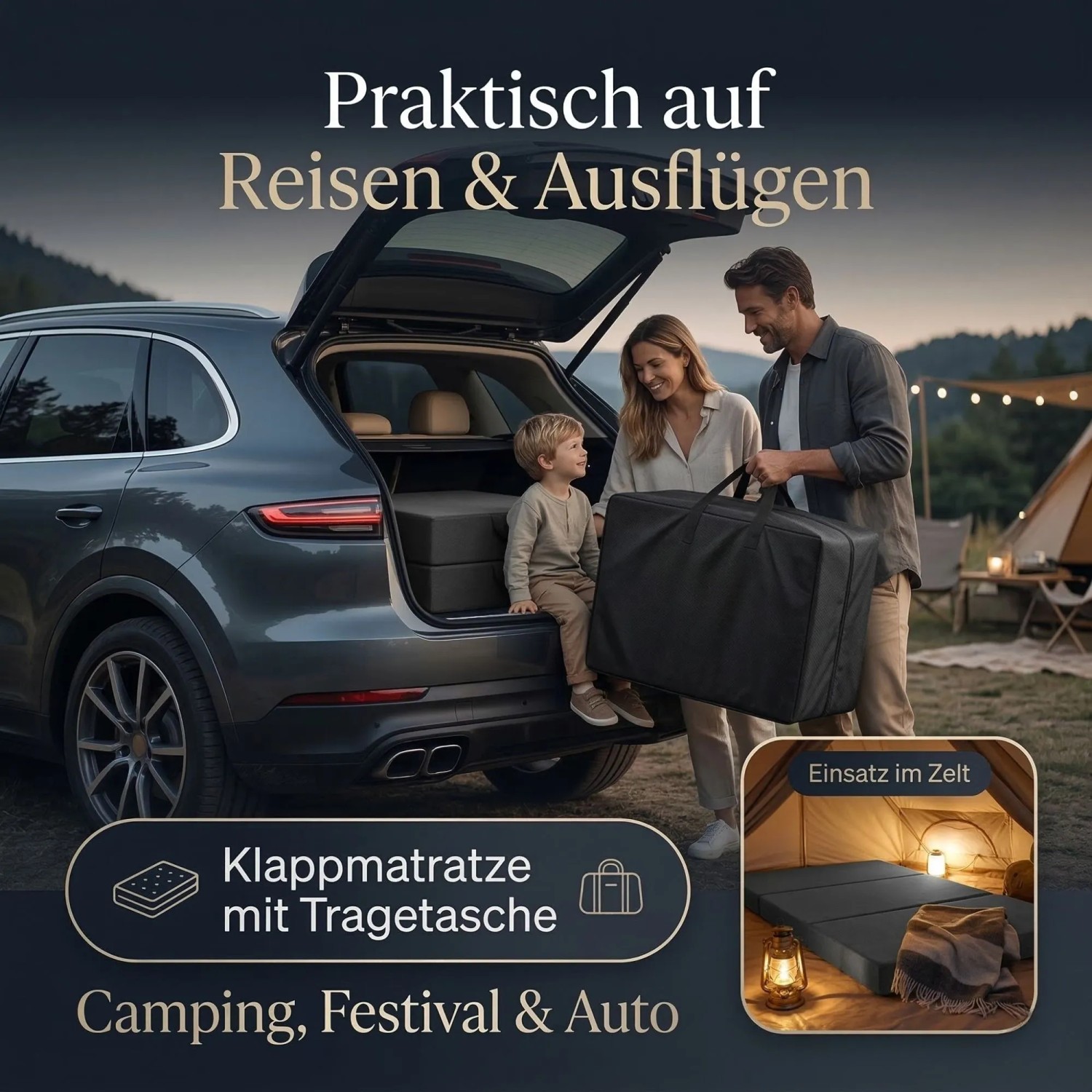 Arensberger Klappmatratze mit Gelschaum in Tragetasche wird für Camping ins Auto geladen. Ideal für Reisen & Zelt.
