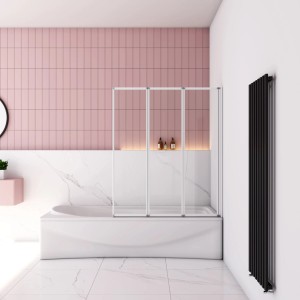 Faltbarer Badewannenaufsatz, 120x140cm, weißer Rahmen, 3-teilig aus ESG Sicherheitsglas.