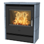 Schwarzer Fireplace Küchenofen mit Specksteinverkleidung und brennendem Feuer.
