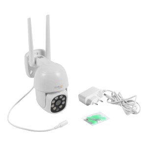 Weiße Technaxx Mini PT Outdoor-Kamera TX-390 mit zwei Antennen, Netzteil und Montagematerial für Videoüberwachung.