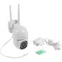 Weiße Technaxx Mini PT Outdoor-Kamera TX-390 mit zwei Antennen, Netzteil und Montagematerial für Videoüberwachung.