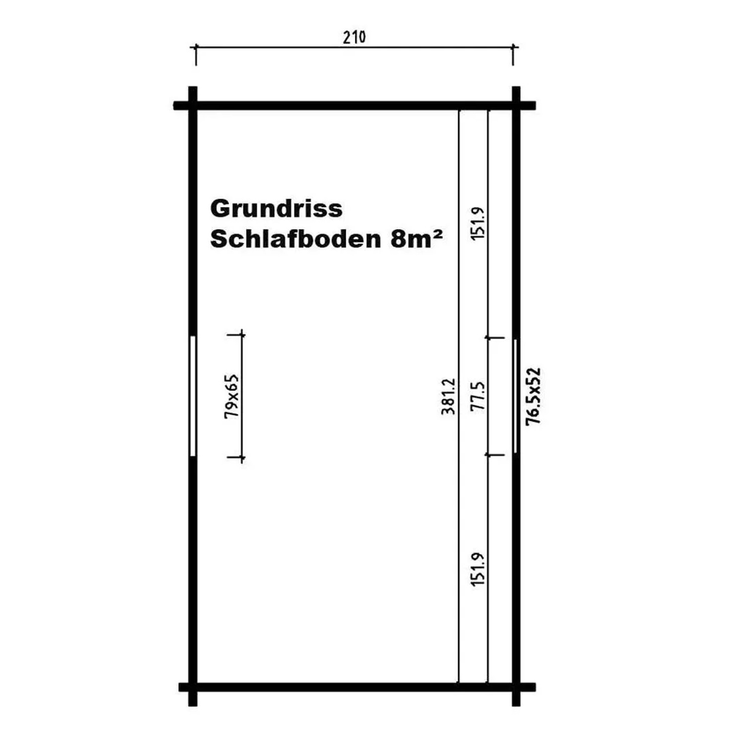 Grundriss Alpholz Gartenhaus Arizona mit Maßen. Holz-Gartenhaus mit Schlafboden.
