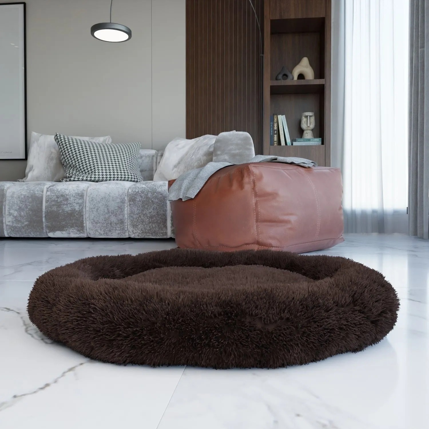 Braunes Benno Hundebett Balu Donut (70x70x16 cm) für Hunde, weich und bequem.