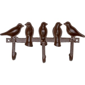 Wandhaken mit fünf Vögeln aus Eisen in Rostrot, Gartendekoration.