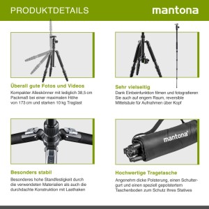 Mantona DSLM Travel Evolution Max Reisestativ für Kameras. Kompakt (38,5 cm), 173 cm Arbeitshöhe, 10 kg Traglast, Einbeinfunktion.