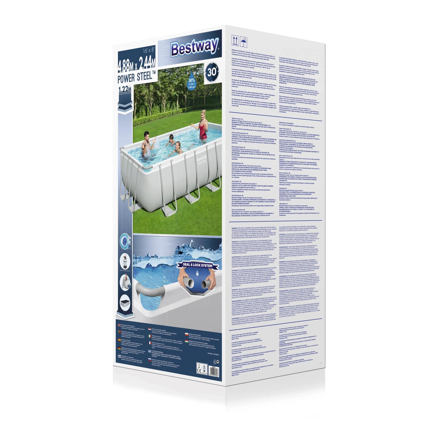 Verpackung des eckigen Power Steel Frame Poolsets 488x244x122 cm mit Sandfilter, Leiter und Abdeckplane.