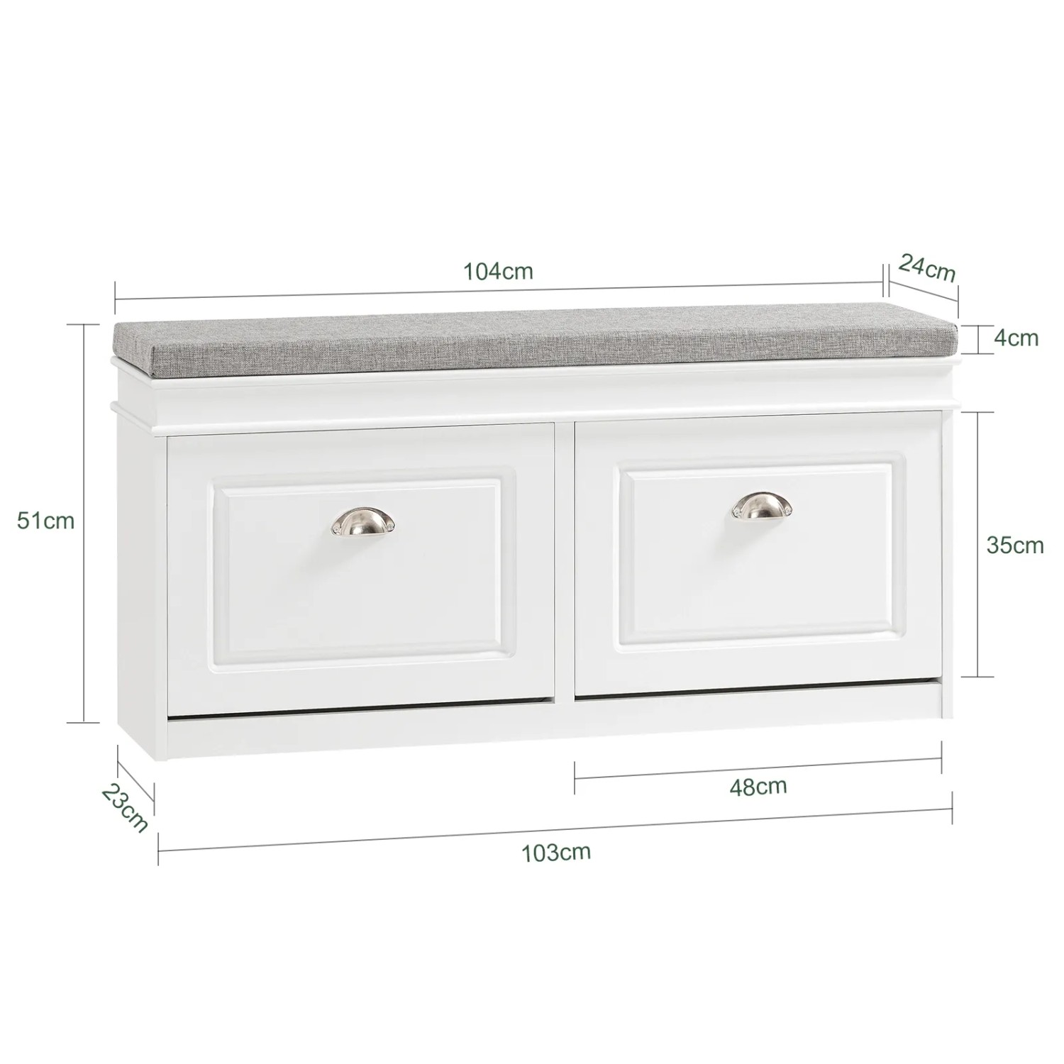 SoBuy Schuhbank FSR64-W mit 2 Klappen, weißes MDF, 104cm breit, mit grauem Sitzkissen.