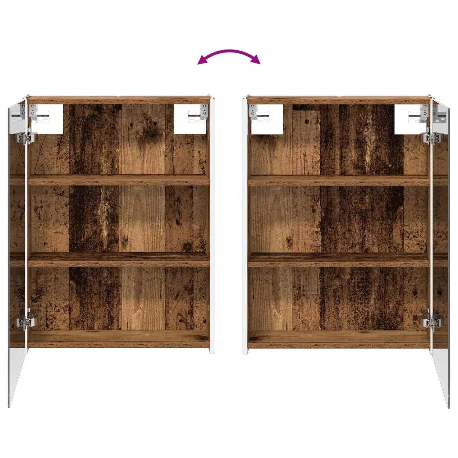 Zwei offene Spiegelschränke mit Altholz-Optik innen und weißen Rahmen. Badmöbel-Set mit Regalen für Wandmontage.