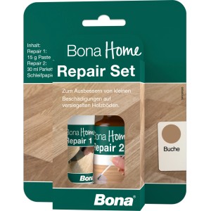 Bona Home Repair Set Buche für Holzböden: Reparaturpaste, Lack, Pinsel und Schleifpapier im Set.