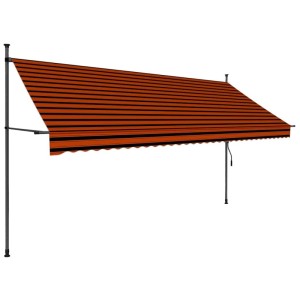 Orange-braune, handbetriebene Einzieh-Markise mit Streifenmuster und LED, 350 cm, für Terrasse oder Balkon.