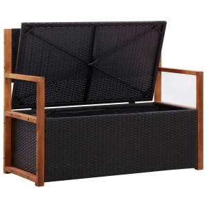 Schwarze VidaXL Gartenbank mit Stauraum aus Rattan und Akazienholz, Deckel geöffnet.