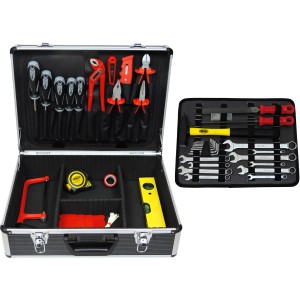 Offener Famex Werkzeugkoffer Universal 744-98 mit Werkzeugsortiment und variabler Facheinteilung.