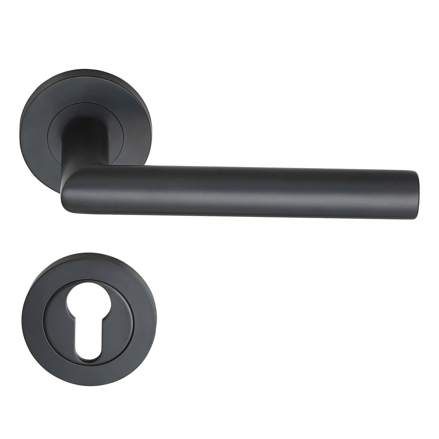 Schwarze Türdrücker Garnitur Tortola von MeinTürgriff, Edelstahl, PZ-Ausführung.