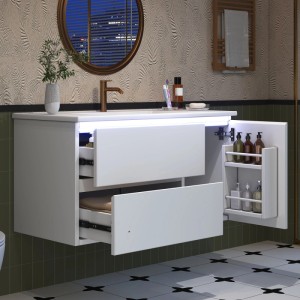 Weißer wandhängender Waschtisch mit Keramik Waschbecken, LED Licht, offenen Schubladen und Seitenfach. Modernes Badmöbel Set.