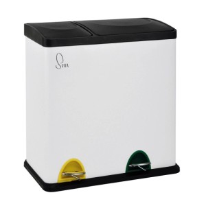 Weißer Svita TC2Combo35 Treteimer, 35L, mit zwei Fächern und farbigen Pedalen für Mülltrennung in der Küche.