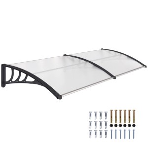Transparentes Outsunny Pultvordach aus Polycarbonat mit schwarzem Rahmen und Montagezubehör für Türen/Fenster.