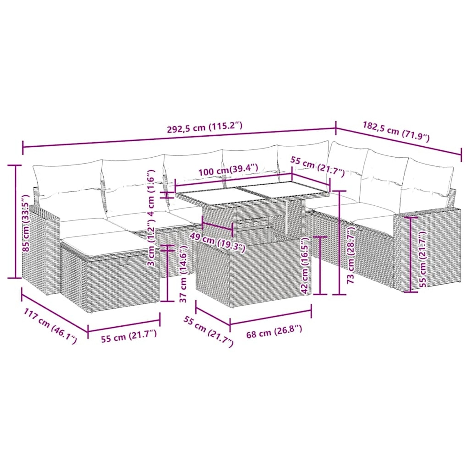 vidaXL 9-tlg. Garten-Sofagarnitur Beige Poly Rattan mit Maßen. Gartenmöbel für Terrasse und Garten.