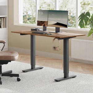 Vasagle Schreibtisch, elektrisch höhenverstellbar, 120x140x50 cm, schwarz, mit Monitoren und Zubehör.