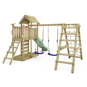 Wickey Spielturm RocketFlyer mit Rutsche, Schaukel und Kletterwand in Pastellgrün.