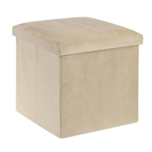 Cremefarbener Relaxdays Sitzhocker aus Samt mit Stauraum, faltbar, 38x38x38 cm.