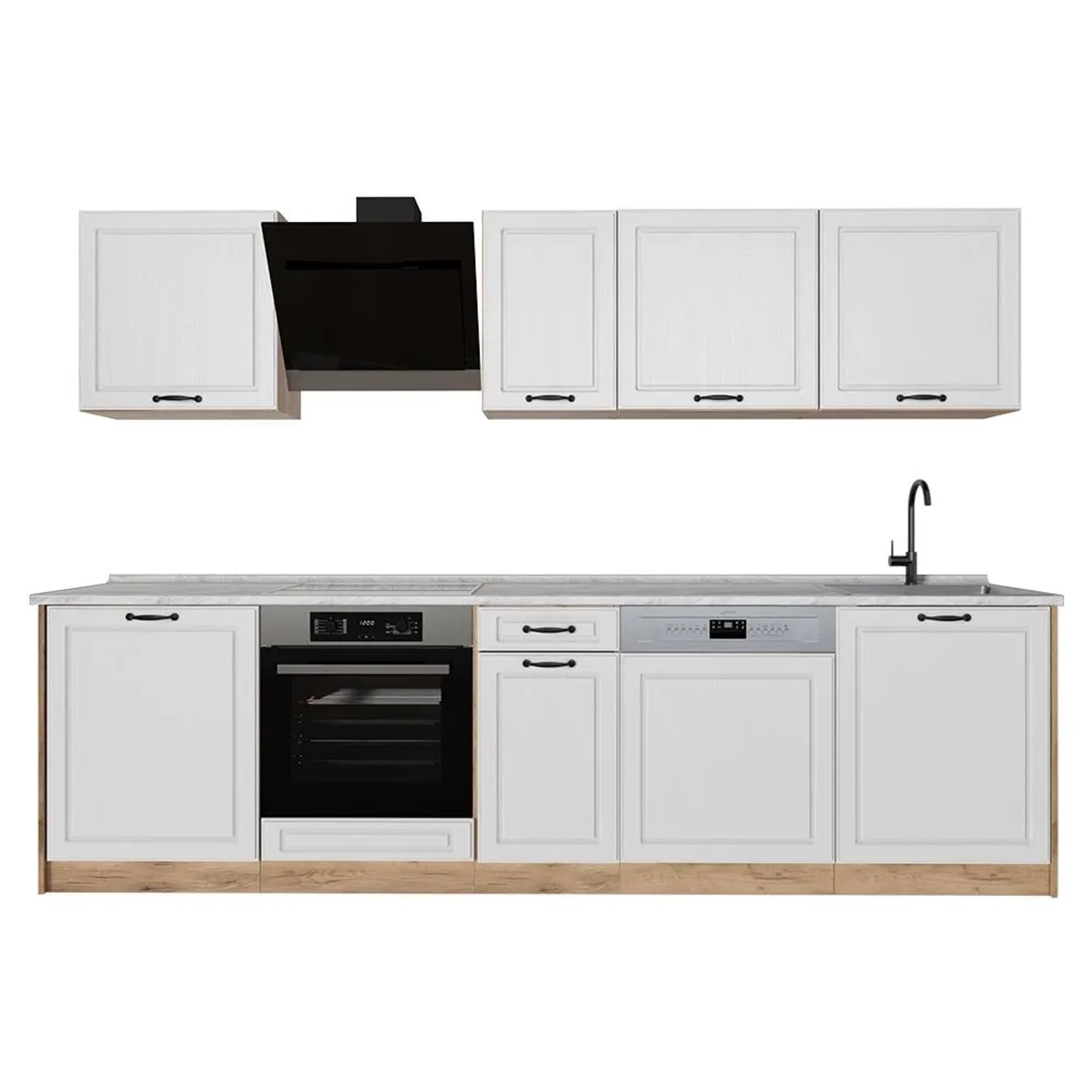 Vicco Küchenzeile R-Line Weiß Landhaus/Goldkraft Eiche 280 x 207 Arbeitsplatte Marmor Art Nr 67916