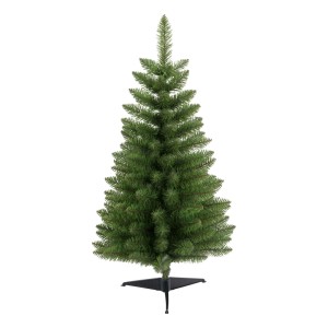 Grüne OBI Kunsttanne New Fundy 90 cm mit dichten PVC-Zweigen und schwarzem Dreifuß. Ideal als kleiner Weihnachtsbaum.