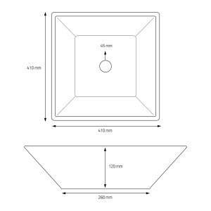 Technische Zeichnung: ML-Design Waschbecken, Keramik, schwarz, eckig, 41x41x12 cm, mit Ablaufgarnitur.