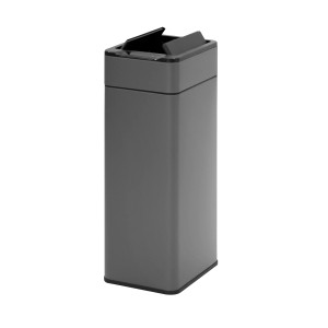 Grauer Svita Sensormülleimer SE40L Butterfly aus Stahl mit Sensor, Deckel geöffnet.